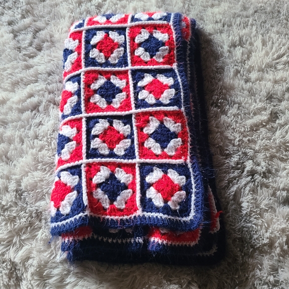 Handmade Crochet Blanket in Red, White, and Blue Aprox Size 41inches x 41inches - Picture 3 of 10